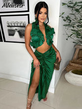 Mlaiscsr Elegant Pleated Ruffle Black Dress Set for Women Sexy Crop Top and Split Skirts Two 2 Piece Matching Club Prom Outfits