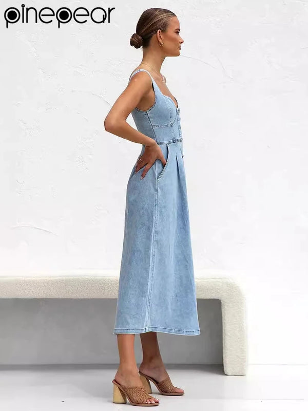 PinePear Sleeveless Strap Dress Women 2025 Summer Single-Breasted Pockets Denim Dresses Woman Light Blue A Line Long Dress