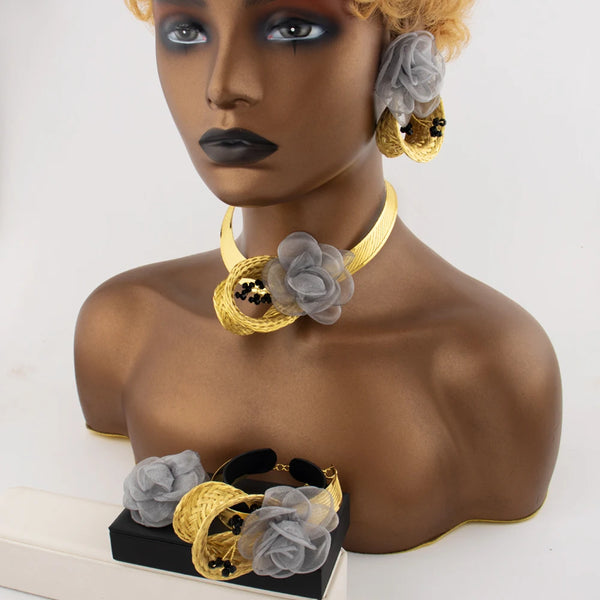 Fashion Gold Plated Grey Flower Shape Necklace Earrings Bracelet Ring for Women Sepical Design Jewelry Set for  Party Wedding