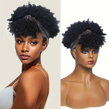 Short Kinky Curly Headband Wig Afro Puff Curly Headband Wig with Bangs for Women Natural Ombre Blonde Synthetic Turban Wrap Wig