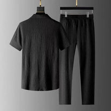 2Pcs/Set Summer Men's Suit Elastic Waistband Pleated Casual Outfit Men Business Short Sleeve Shirts Long Pants Set Male Clothing