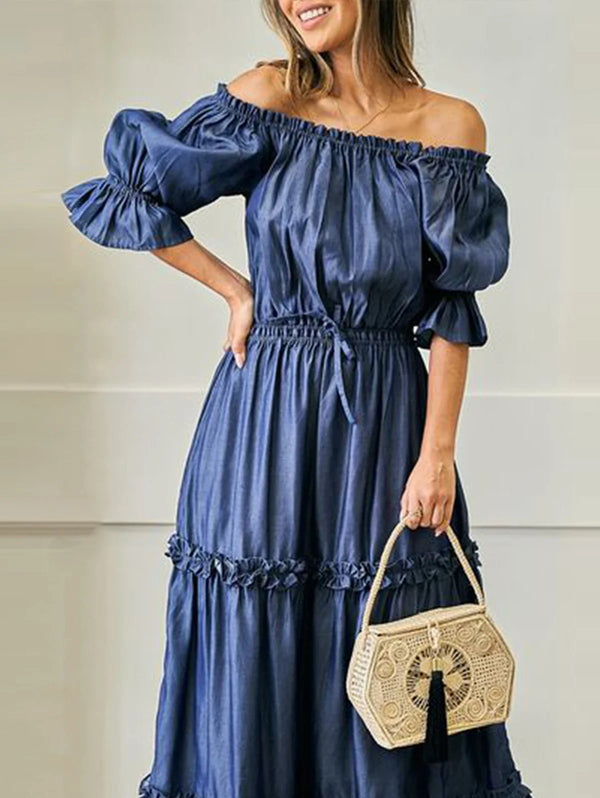 Women's Plus Size Off-Shoulder Dress Ruffle Sleeve Stretchy Elegant Vintage Casual Sweet Summer Long A-Line Pleated Gown