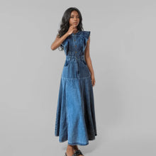 WTHT Fashion Women's Ruffled Edge Sleeveless Denim Long Dress 2024 Autumn O-neck Single Breasted Pleated Dresses Female 1LS125