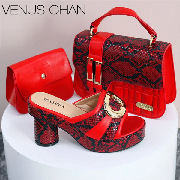 Round Head Latest Ladies Thin Heels Shoes and Bag Set Decorated with Rhinestones in Red Color For Women Party Pump