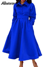 Mlaiscsr Lapel Button A Lint Khaki Mid Dress Women Elegant Office Long Sleeve Bandage Pocket Pleated Birthday Commuter Vestidos