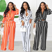 Women's Fashionable Strip Casual Two pieces Long Pants and Shirt
