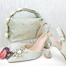 JMF New arrive Italian Design Blue Women's Fashion Rhinestone Pearl Point Toe Stiletto Heels Sandals Women's Shoes & Bag Set