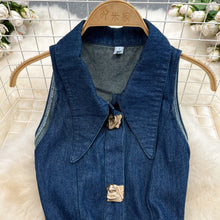 Denim Dress Women Long Dresses Turn Down Collar Sleeveless Party Club Hollow Out Jeans High Waist Slim Single Breasted Vestidos