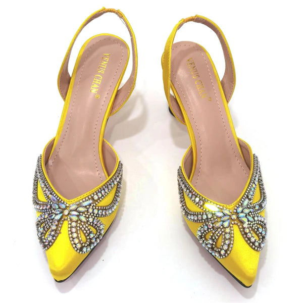 Venus Chan 2023 Yellow Classy Bowknot Pointed Toe Women's Shoes High Heel Elegant Sandals Shallow Mouth Shoes Bag Set Women