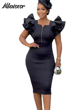 Mlaiscsr Women Square Neck Ruffled Short Sleeve Beading Bag Buttocks Mid Dress Elegant African Birthday Evening Office Lady Robe