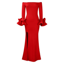 Elegant Sexy Side Slit Long Dress For Women Independent Stand Trade Clothing One-character Collar Leaf Sleeves Evening Dress