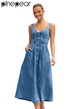 PinePear Sleeveless Strap Dress Women 2025 Summer Single-Breasted Pockets Denim Dresses Woman Light Blue A Line Long Dress