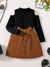 Children's Clothing Girls' Autumn New Fashion Set - Solid Color T-shirt Off Shoulder Half High Collar Top+Solid Color Half Skirt