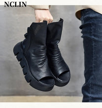 2024 New Summer Women Sandals Round Toe Chunky Heel Platform Shoes Genunine Leather Cover Heel GLADIATOR Sandals Women Handmade