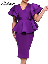 Mlaiscsr Elegant Evening Purple Mid Dress Women V-neck Ruffled Short Sleeved Lace Up Waist Bag Buttocks African Birthday Robe