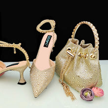 New Gold Glitter Fabric Pointed Toe High Heels With A Variety Of Shapes Of Rhinestones Fashion Party Ladies Shoes And Bag