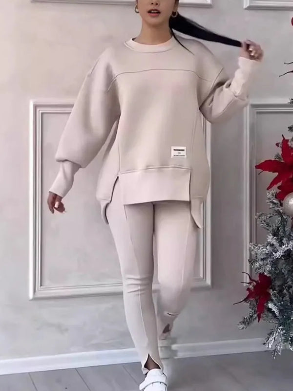Women's Casual Sweatshirt Sports Set Autumn Winter Fashion Solid Loose Irregular Sweatshirt Top And Slim Trouser Two Piece Sets