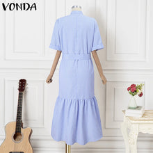 Elegant Striped Printing Short Sleeve Maxi Long Dress Casual Daily Shirt Dress 2025 VONDA Beach Party Sundress Bohemian Vestidos