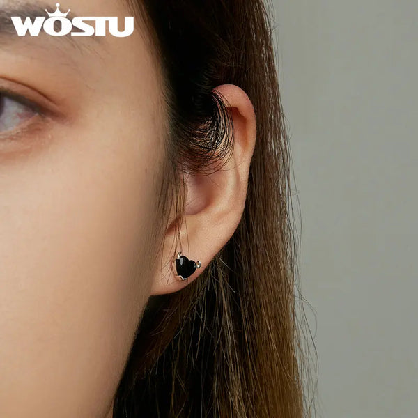WOSTU Classic 100% 925 Sterling Silver Devil Heart Ear Studs Earrings Exquisite Black Zircon Earrings Fine Anniversary Jewelry