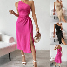 Spring and Summer Elegant Sexy Sleeveless Single Shoulder Diagonal Neck Solid Color Slit Dress Women Summer Dress 2025