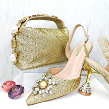JMF New arrive Italian Design Blue Women's Fashion Rhinestone Pearl Point Toe Stiletto Heels Sandals Women's Shoes & Bag Set