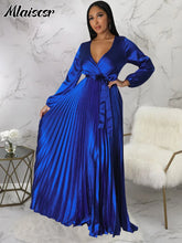 Mlaiscsr Elegant Wedding Guest Pleated Long Dress Women V Neck Lantern Sleeves Sashes Big Swing Sexy Birthday Party Evening Robe