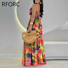 2024 Women All Over Print Spaghetti Straps Ruffle Hem Silt Maxi Casual Vacation Party Dress