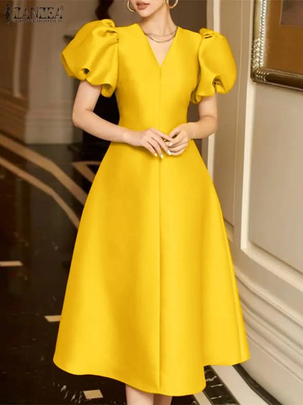 ZANZEA Woman Elegant Party Dress Summer Puff Sleeve V-Neck Dresses Fashion Solid Sundress Vintage A Line Vestidos Oversized 2024