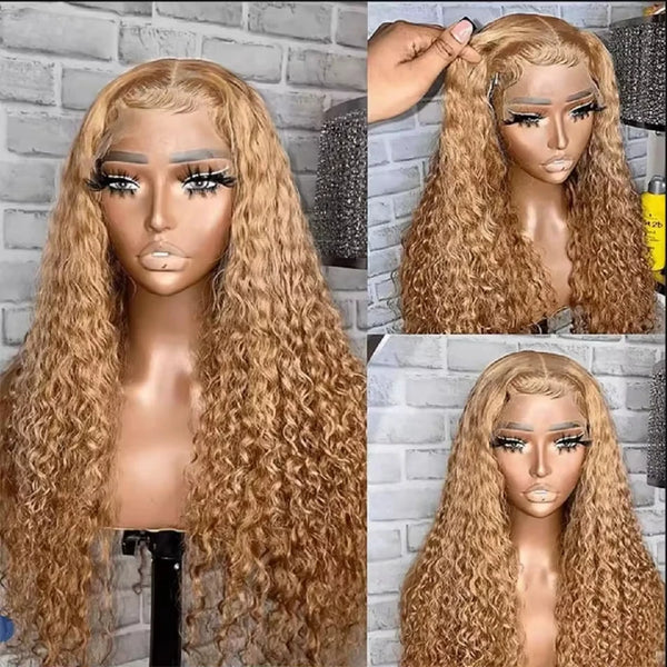 Honey Blonde Human Hair Deep Wave 13x6 HD Pre Plucked Curly Lace Front Wig