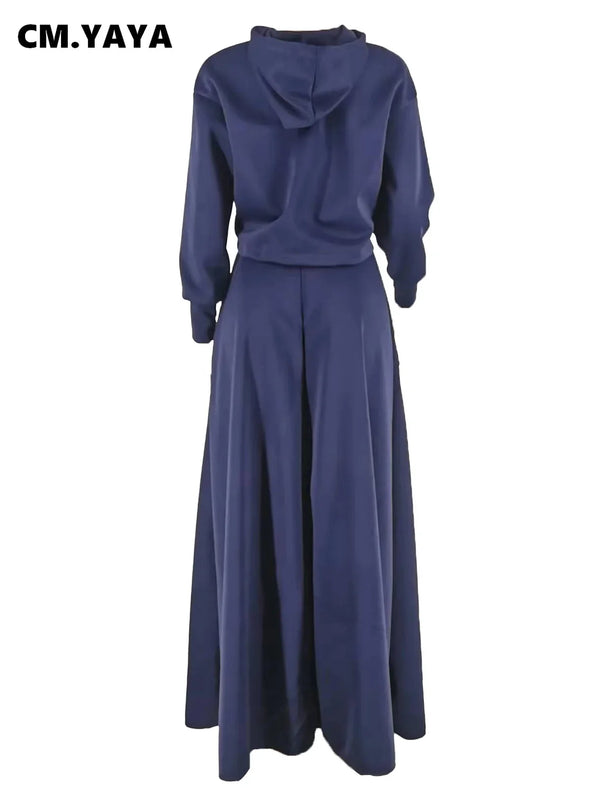 CM.YAYA Fashion Women's Set Long Sleeve Hooded Sweatshirt and High Side Split A-line Maxi Skirt Suit 2024 Two 2 Piece Set Outfit