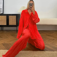 QFAF Fashion Pleated Women's Set Long Sleeve Oversized Shirt and Wide Leg Pants 2023 Elegant Tracksuit Two 2 Piece Set Outfits