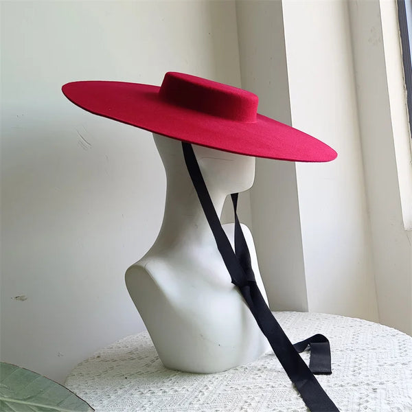Black wheat wide brim wool flat top formal black ladies fedora stage performance felt hat winter bandage ladies fashion outdoor