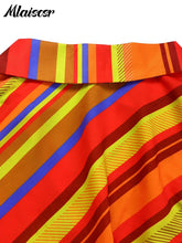 Mlaiscsr Elegant Striped Printed V Neck Long Sleeve High Waisted Pleated Mid Dresses Women Boho Beach Party Evening Vestidos New