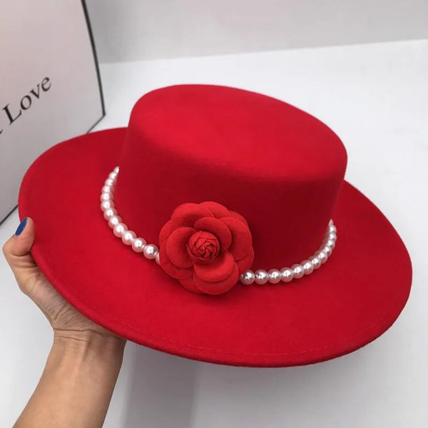 French Style Fedora Hat for Women 10CM Wide Brim Flat Top Felt Hat Winter Autumn Derby Wedding Jazz Hats