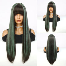 Long Black Green Mix Cospaly Wig Synthetic Hair High Quality Wig for Women Party Daily Use Heat Resistant Straight Natural Wigs