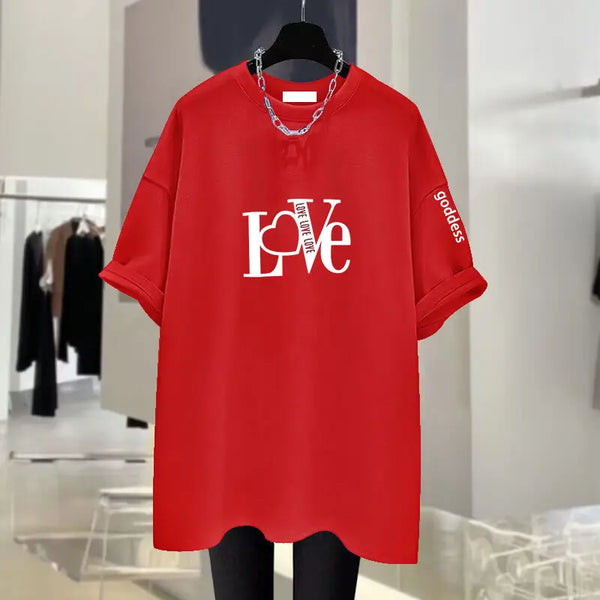Women Clothing Fashion Letter Printing Cotton T-shirt Summer Casual Loose O-neck Short Sleeve Basic Tees Chic LOVE Tops 45-105Kg