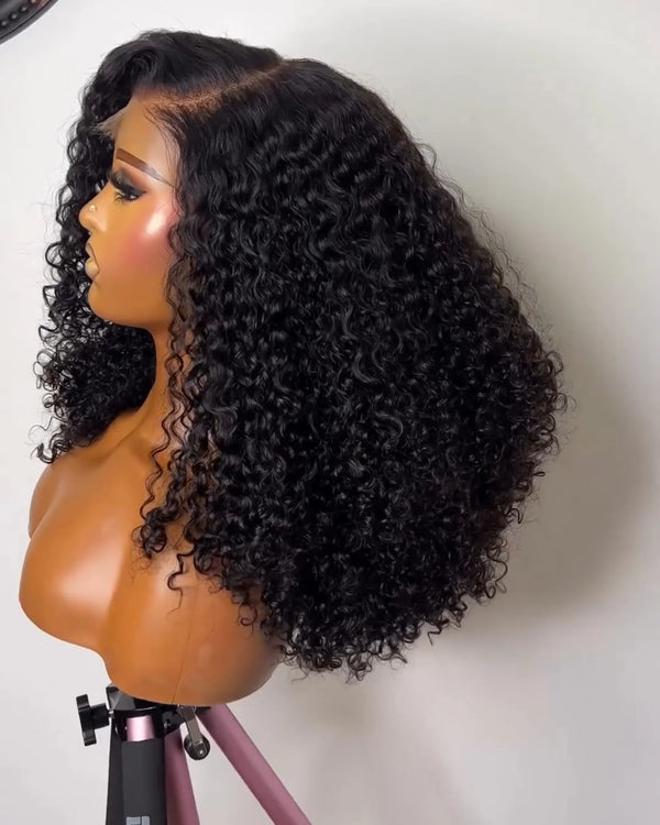 Short Bob Cut Black Color Deep Curly 13X4 HD Lace Front Wigs Synthetic Wig Preplucked With Baby Hair Bleached Knots Glueless Wig