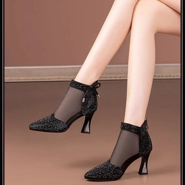 New Fashion Mesh Breathable Rhinestone High Heel Boots Elegant Pointed Toe Dress Pumps Women Banquet Wedding High Heels Size 43