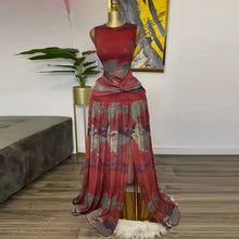 CM.YAYA Elegant Women Print Sleeveless Sweet O-neck Floor-Length Long Dress 2025 Beach Party Birthday Sexy Split Pleated Dresses