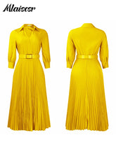 Mlaiscsr Purple Fashion Belt V-Neck Long Sleeve A-Line Pleated Dress Women Elegant Slim Evening Party Club Vestidos African Robe