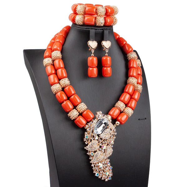 Artificial Coral Women Pendant Necklace Bracelets Earrings Suit African Wedding Jewelry Set Nigeria Bride Accessories Party Gift