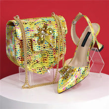 2025 New Yellow Color Thin Heels Pointed Toe Crystal Design Ladies Shoes Matching Bag Set For Women Weeding Party Pump