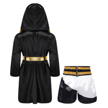Kids Boys Boxing Sets Sports Outfits Halloween Cosplay Costume Long Sleeve Open Front Robe Satin Hooded Cloak with Belt Shorts