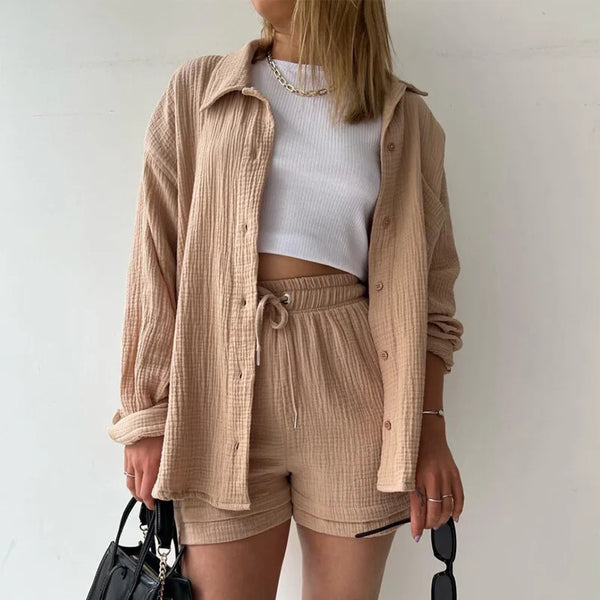 Women's Short Sets 2 Pcs Sale Grass Green Loose Button Cardigan Blouse Coats & Drawstring Wide Leg Loose Short Pant Suits