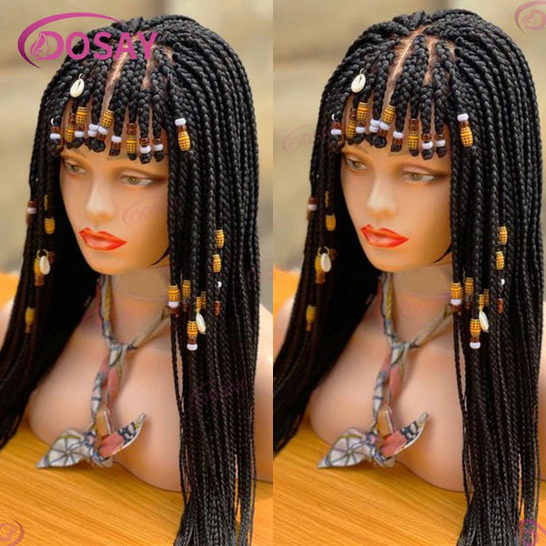 Short Front Braiding Bangs Synthetic Wig Knotless Box Braided Wigs For Black Women Full Lace 32" Long Braided Wigs African Hair