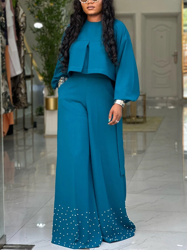 two piece sets women outfits o neck long lantern sleeve tops Embroidered Flares wide leg trousers fashion casual party Pant Sets