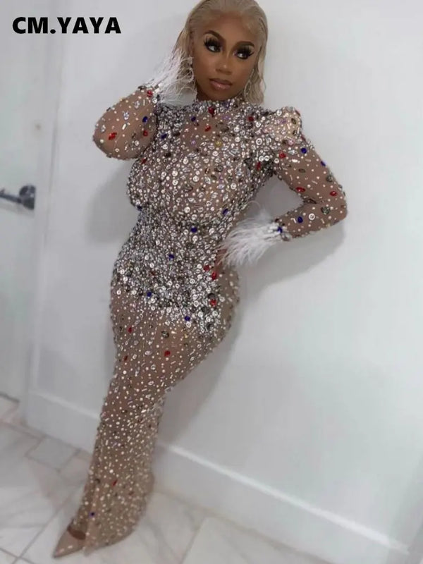 CM.YAYA Vintage Women Mesh See Though Crystal Feather Hem Long Sleeve Bodycon Midi Maxi Long Dress Sexy Party Club Dresses