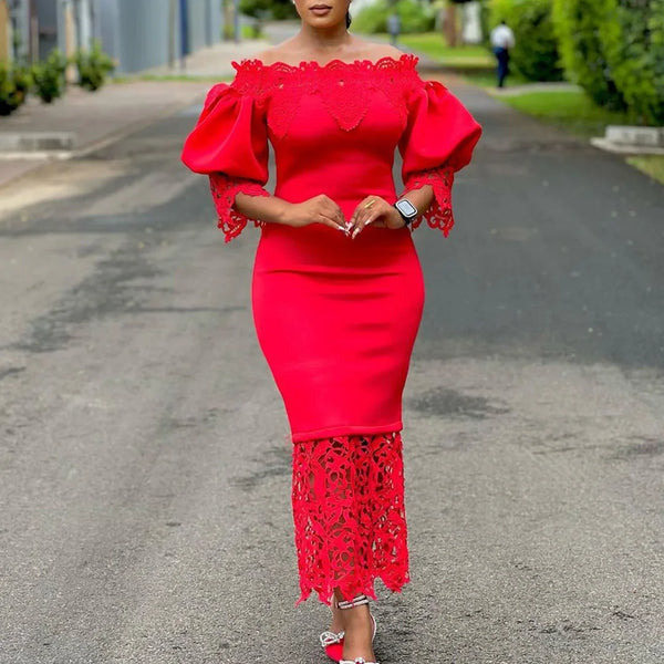 Trend Fashion Lace Midi Dress Women Slash Collar Short Sleeve Stitching Off-Neck Dress High Waist Solid Color Bodycon Sexy Dress