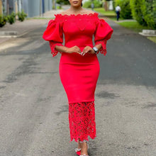 Trend Fashion Lace Midi Dress Women Slash Collar Short Sleeve Stitching Off-Neck Dress High Waist Solid Color Bodycon Sexy Dress