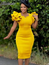 Mlaiscsr Women Square Neck Ruffled Short Sleeve Beading Bag Buttocks Mid Dress Elegant African Birthday Evening Office Lady Robe